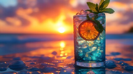 A glass of blue liquid with a slice of orange and a sprig of mint on top