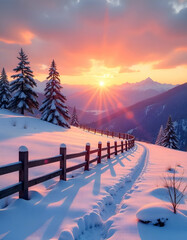 Peaceful Winter Twilight: Snowy Landscape and Warm Sunset Colors