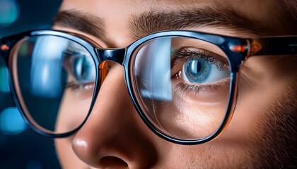 A close up view of the eyes and spectacles with blue light reflections from the computer screen; up and close to a person's eyes wearing glasses with blue light ray from the monitors; technology