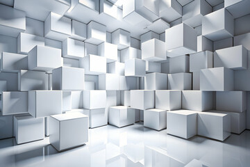 Obraz premium A modern, abstract interior space filled with white cubes, creating a geometric and minimalist aesthetic.