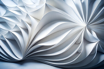 Intricate white paper folds create a dynamic, textured background with flowing patterns and depth, ideal for artistic and design projects.