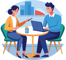 Partners meeting for business discussion with documents and laptop on desk. Couple at round table, speaking, discussing work, partnership. Flat vector on a white background