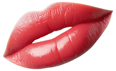 Brightly colored glossy red lips close-up on a white background
