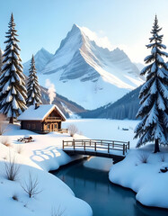 Idyllic Winter Day: Snow-Covered Landscape and a Cozy Cabin
