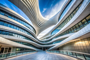 Fototapeta premium A modern architectural marvel featuring sweeping curves and a futuristic design, set against a bright blue sky.