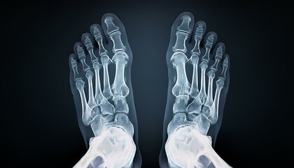 Naklejka premium An x-ray scan of the human foot; a medical illustration or x-ray scan of the feet or foot; human anatomy; medical MRI scan of the foot; medical illustration of the human anatomy