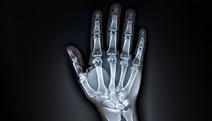 An x-ray scan of a human hand; medical x-ray scan of the hand; medical and medicine; human anatomy; medical photography;