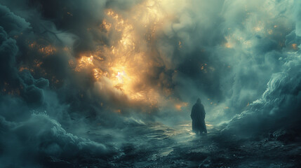 Fototapeta premium Solitary figure under a stormy sky with glowing, fiery clouds.