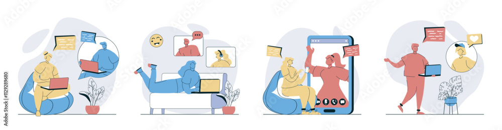 Poster Video chatting concept set in flat design for web. Collection with people connecting online, calling in zoom screens, networking, talking and discussing with internet friends. Vector illustrations.