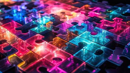 Colorful neon puzzle pieces glowing with vibrant illumination

