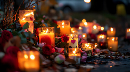 Candlelight vigil scene with warm flames and heartfelt tributes against a somber background .4k image