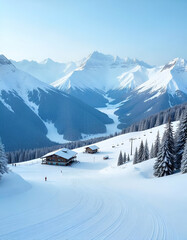 Alpine Ski Resort: Perfectly Groomed Slopes and Snow-Capped Peaks