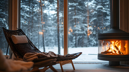 A serene living room with a fireplace a person lounging on a chaise by the large window gazing at the soft snowflakes falling outside.