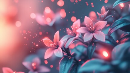 Glowing neon flowers with delicate petals illuminated in a magical garden at night, surrounded by a dreamy atmosphere and floating light particles