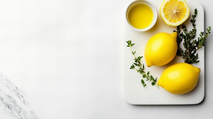 Fresh lemons and herbs on a white cutting board with olive oil, creating a vibrant kitchen setting.