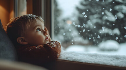 A small child leaning on a windowsill in a cozy living room watching big snowflakes stick to the glass as the snow falls heavily outside.