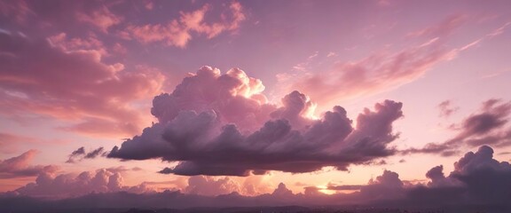 Fototapeta premium Pastel pink clouds glow softly in the evening sky during a sunset, orange hues, warm glow