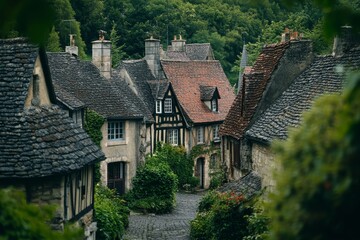 Charming stone houses line a narrow cobblestone street nestled in a lush green valley.