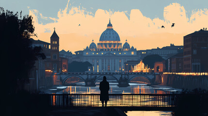 Fototapeta premium A lone man stands on a bridge overlooking the iconic st. peter's basilica in rome. Basilica. Illustration