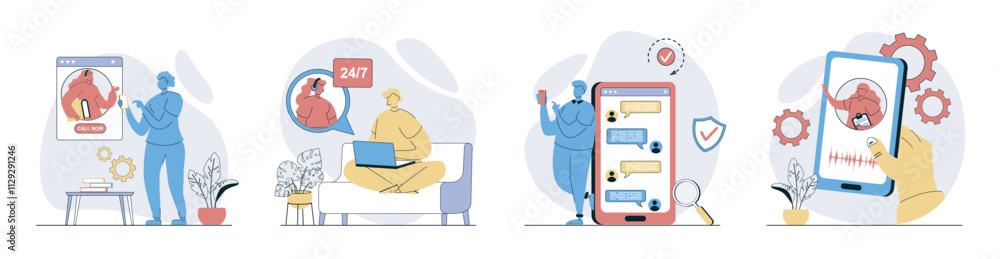 Poster virtual assistant concept set in flat design for web. collection with people calling to online opera