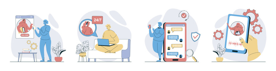 Virtual assistant concept set in flat design for web. Collection with people calling to online operator and get help, chatting with ai bots, talking with voice assistance app. Vector illustrations.