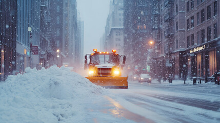 A snowplow clearing a wide city street in the early morning pushing large piles of snow to the side as fresh flakes continue to fall.