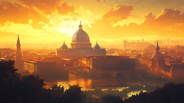 An iconic landmark during golden hour, with the warm glow of the setting sun casting a magical light on the architectural masterpiece, inviting exploration and discovery. Basilica. Illustration