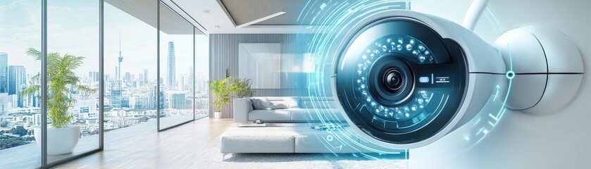 Modern surveillance camera in a stylish living room with digital overlay.