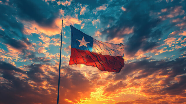 Texas Flag Waving Majestically at Sunset. A vibrant image of the Texas flag billowing in the wind against a breathtaking sunset sky.
