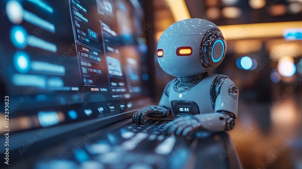 Poster ai-powered chatbot interacting with users at a technology conference in a modern office setting