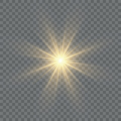 Yellow sun with rays and glow on transparent like background