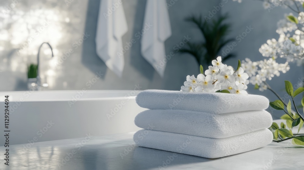 Poster Soft white towels are neatly stacked on a countertop adorned with fresh flowers, creating a tranquil atmosphere in a modern bathroom.