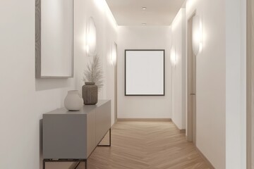 Fototapeta premium Sleek,sideboard,under,blank,ISO,A3,frame,minimalist,hallway,white,walls,wooden,floors,bathed,soft,natural,light.