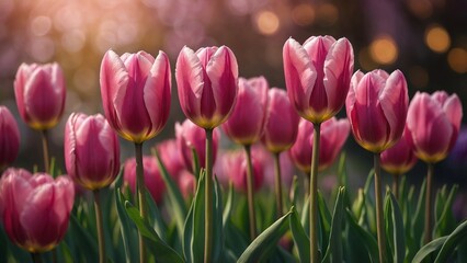 Pink tulips with purple and gold bokeh background