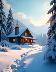 Cozy Retreat: A Snowy Cabin in a Glowing Winter Landscape
