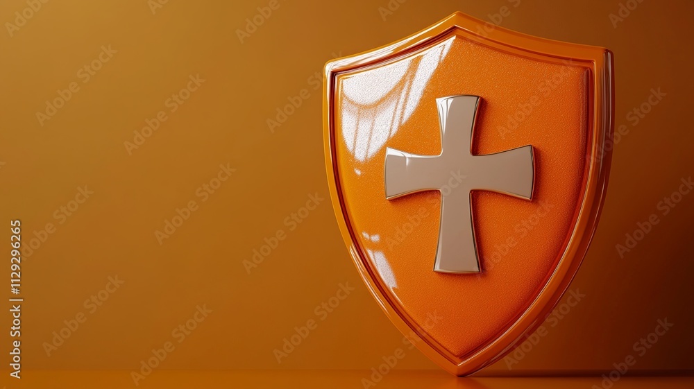 Poster a detailed 3d render showcasing an orange shield with a first aid cross, highlighted by soft lightin