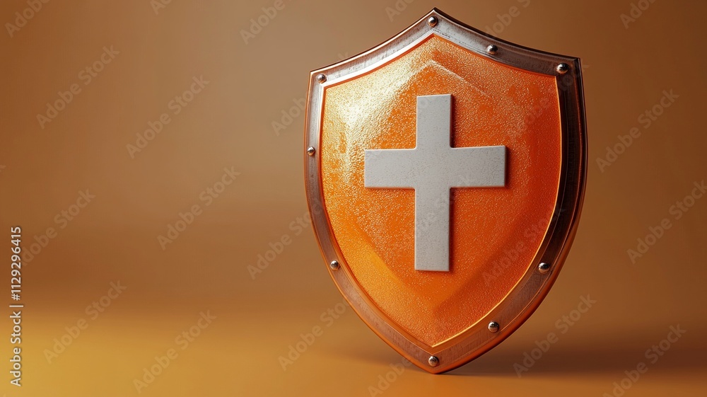 Poster a detailed 3d render showcasing an orange shield with a first aid cross, highlighted by soft lightin