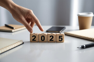 hand flipping a wooden block from '2024' to '2025' on a clean, modern table, happy new year of 2025, Ai Generative