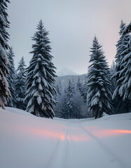 Early Morning Glow Over a Snow-Covered Forest Trail