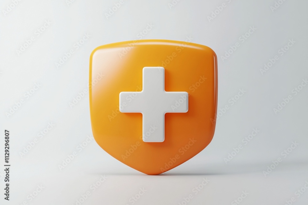 Poster a detailed 3d render showcasing an orange shield with a first aid cross, highlighted by soft lightin