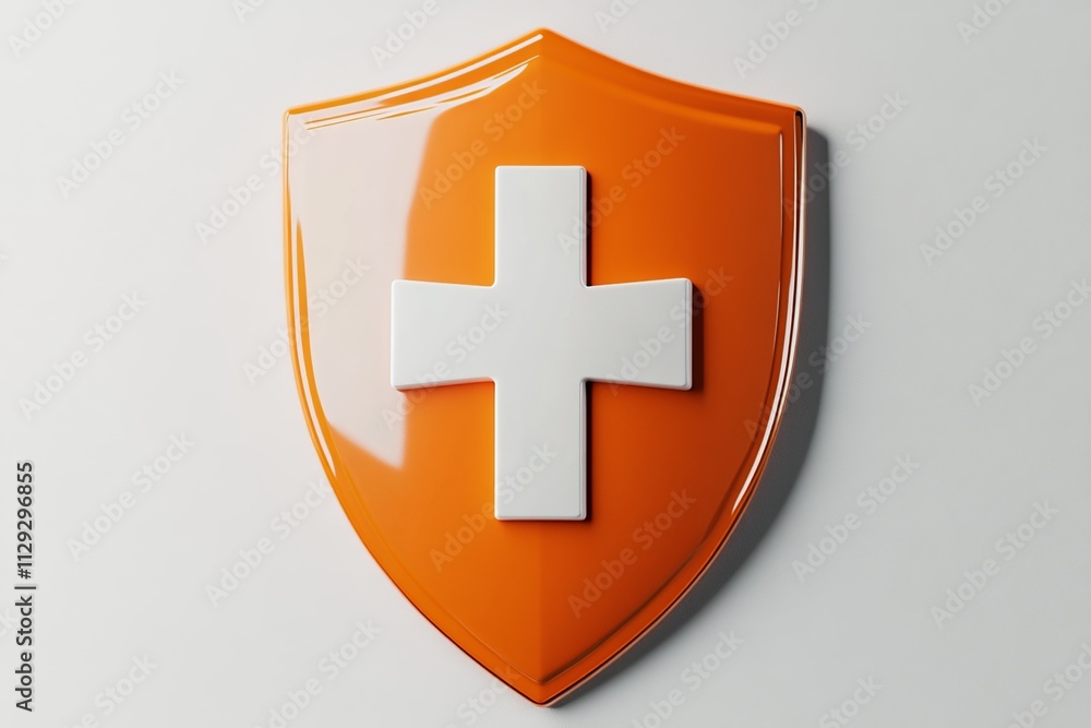 Poster a detailed 3d render showcasing an orange shield with a first aid cross, highlighted by soft lightin