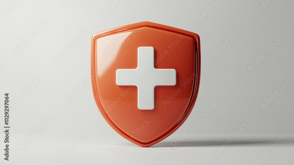 Poster a detailed 3d render showcasing an orange shield with a first aid cross, highlighted by soft lightin