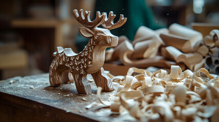 A wooden reindeer toy being carved by hand by a skilled elf in the workshop with shavings scattered around.
