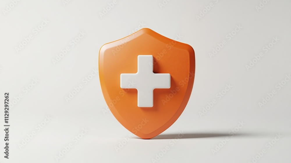 Poster a detailed 3d render showcasing an orange shield with a first aid cross, highlighted by soft lightin