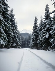 Untouched Snow in a Serene Evergreen Forest