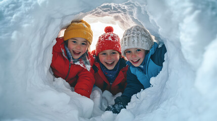 Children building a tunnel through a deep snowbank their faces glowing with excitement and accomplishment.