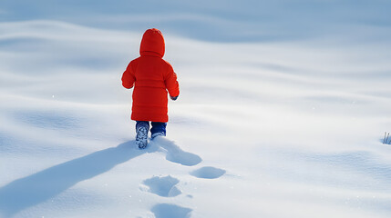 A young child in a bright coat running through deep snow their footprints leaving a trail behind them in the untouched snow.