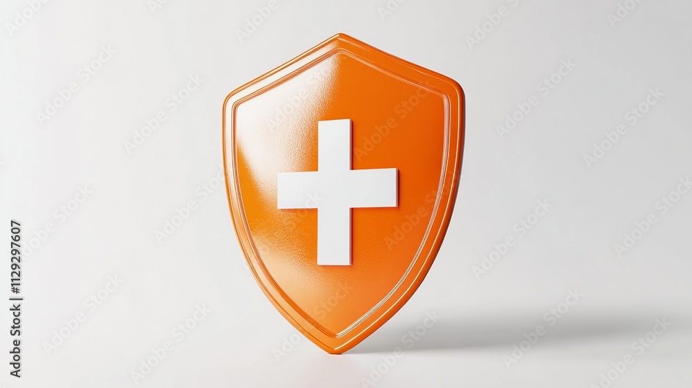 Poster a detailed 3d render showcasing an orange shield with a first aid cross, highlighted by soft lightin