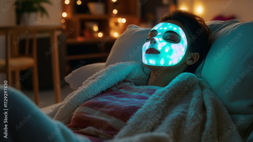 Poster a person enjoys a calming home spa experience while wearing a glowing led facial mask. soft lighting