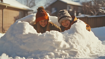Children building an igloo together in a backyard packing snow into blocks smiling as they work.
